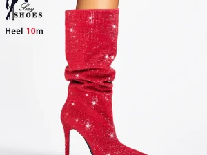 Elegante rote lange Stiefel Damen Party Glitzer Stiletto Diamant Spitze Strass